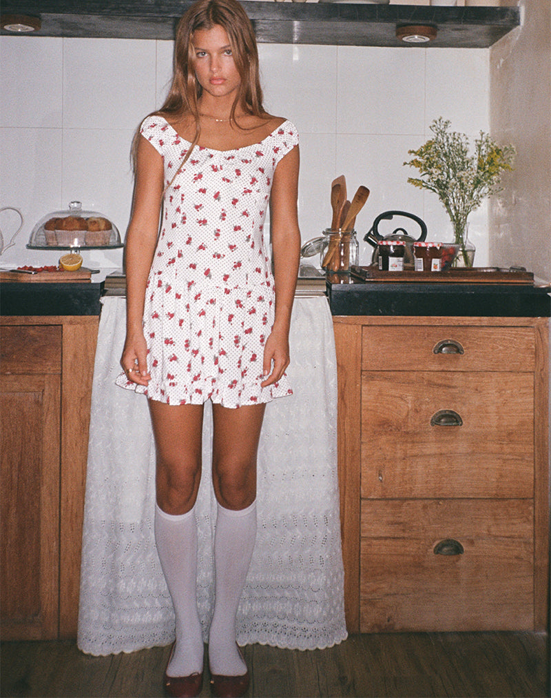Image of Aca Bardot Mini Dress in White Rose Polka