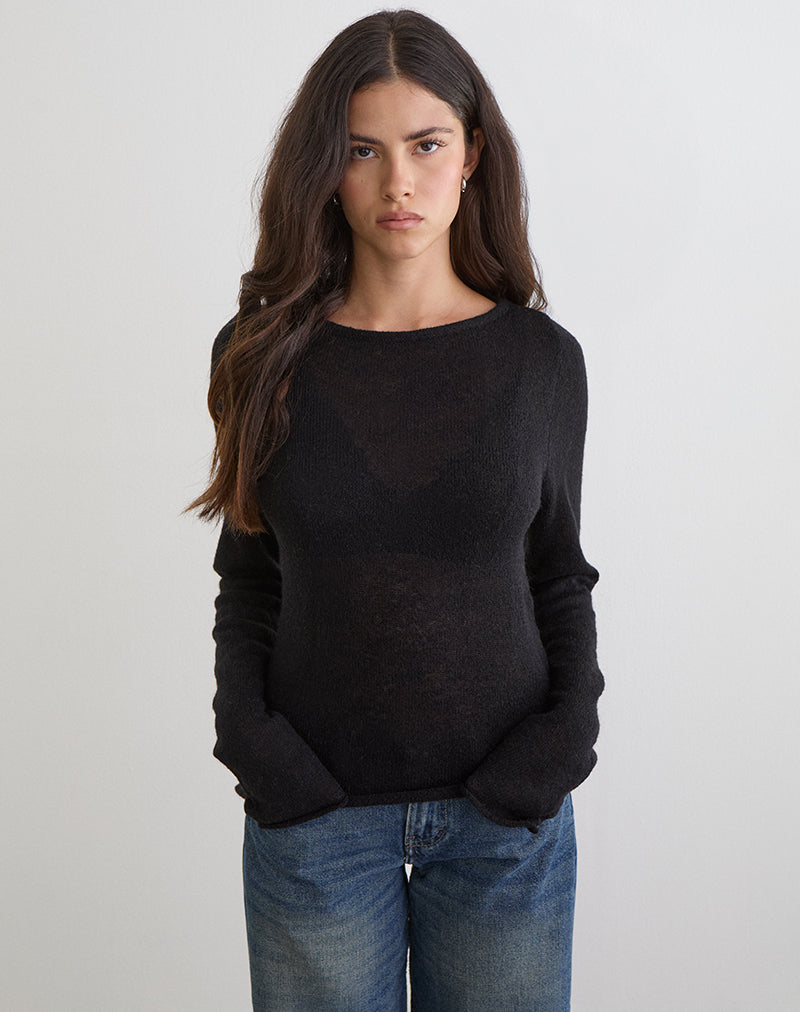 Black Long Sleeve Sheer Knit Top | Aika – motelrocks.com
