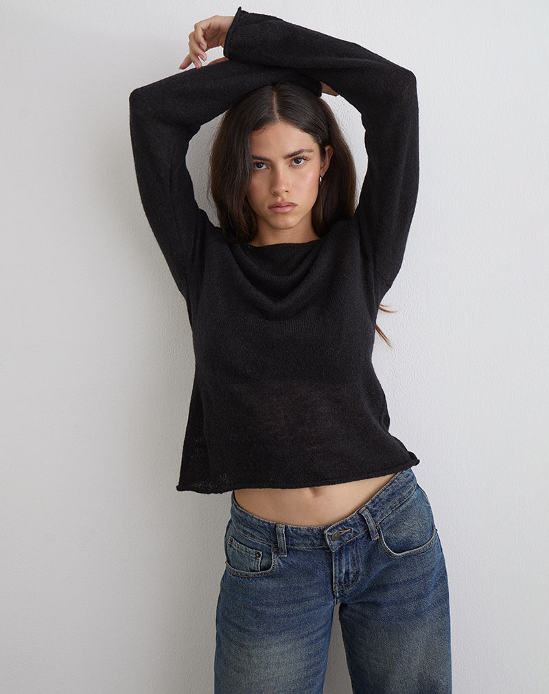 Black Long Sleeve Sheer Knit Top | Aika – motelrocks.com