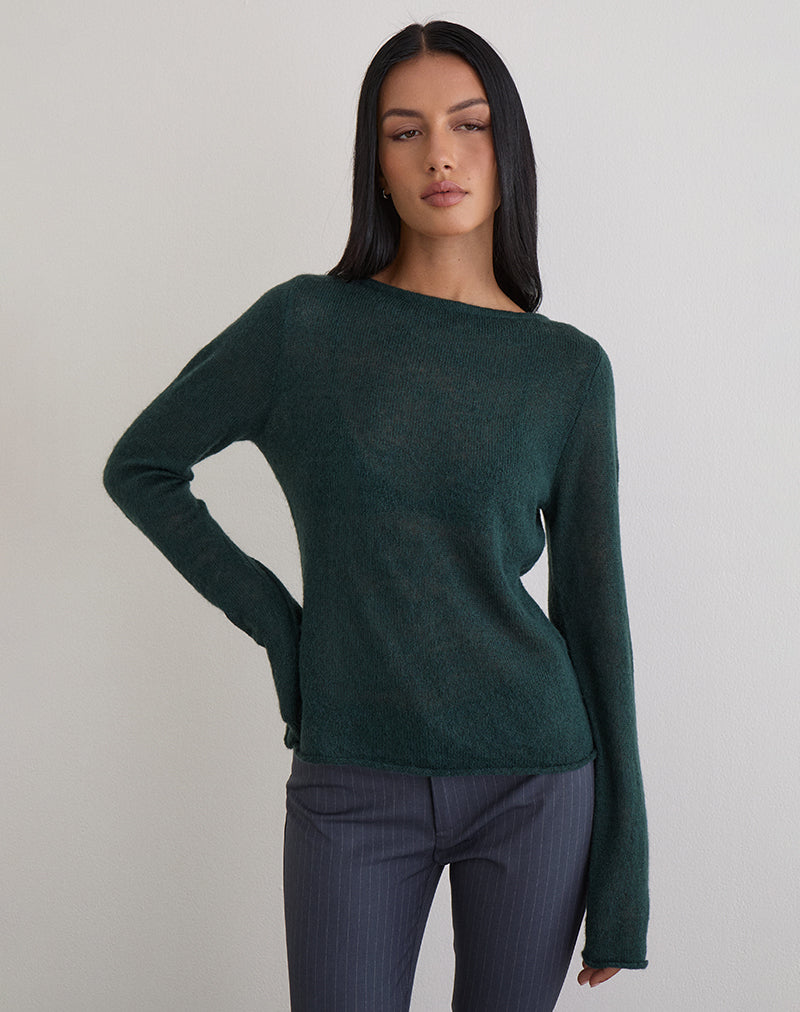 Dark Green Sheer Knit Long Sleeve Top | Aika – motelrocks.com