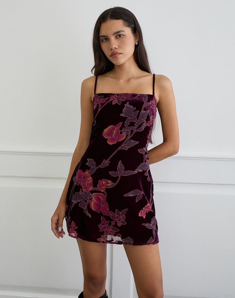 diya mini dress in mauve floral Burgundy Floral Devore Mini Dress