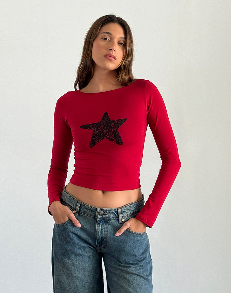 Image of Amabon Long Sleeve Top in Adrenaline Red with Black Star