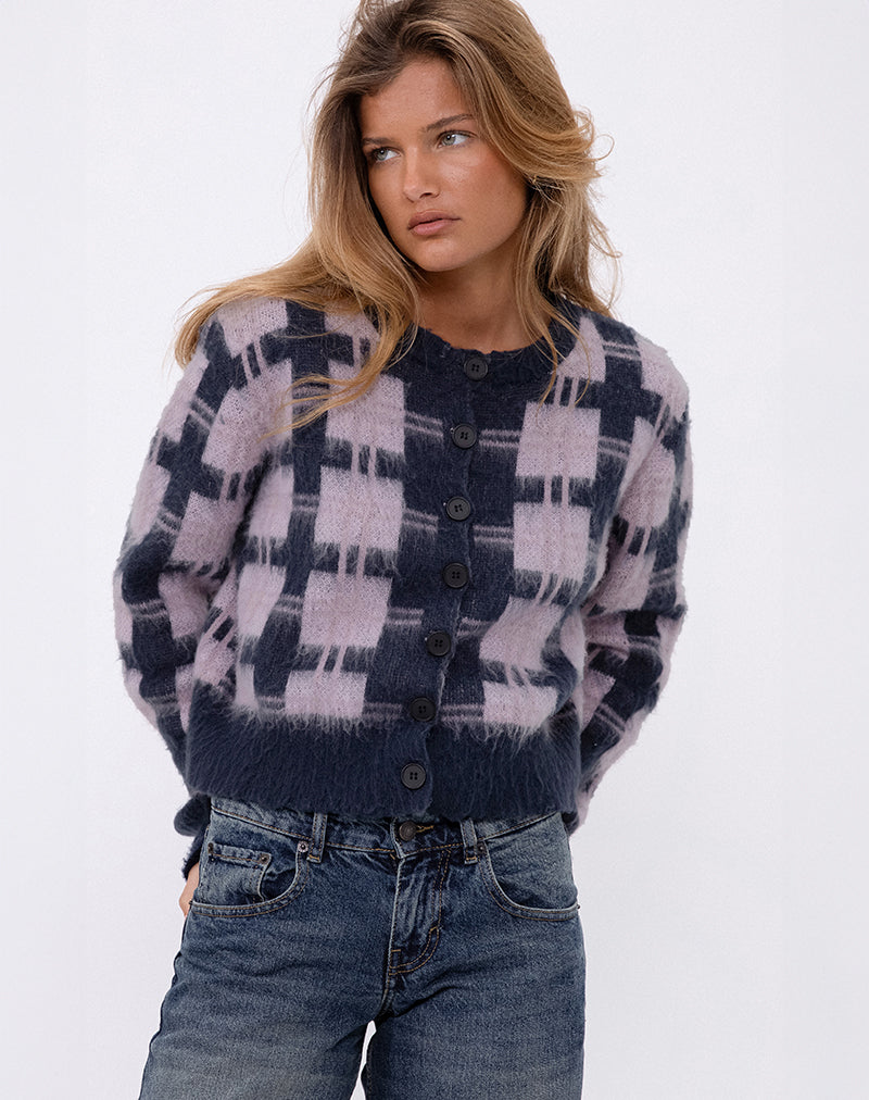 Navy and Pink Multi Check Cardigan | Anzio – motelrocks.com