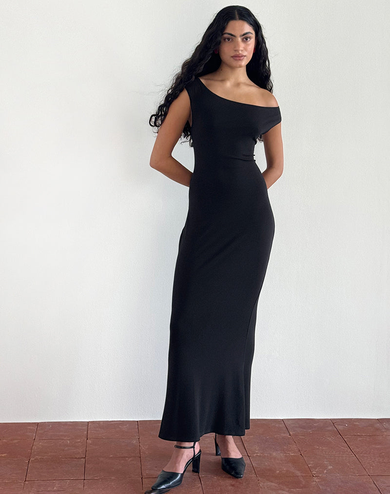 Black Asymmetrical Rib Knit Maxi Dress