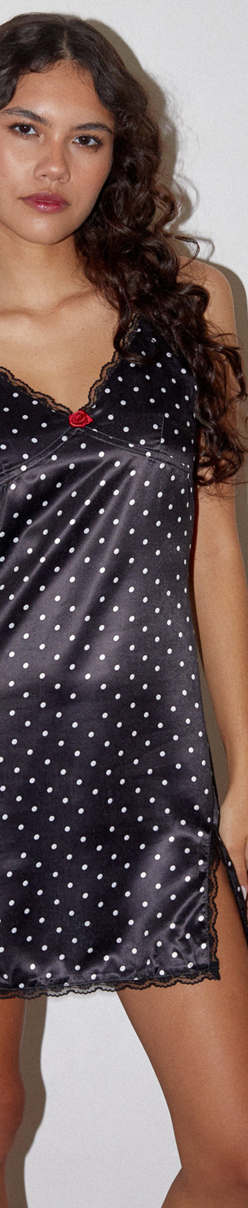 Image of Astrid Satin Mini Dress in Polka Dot Black