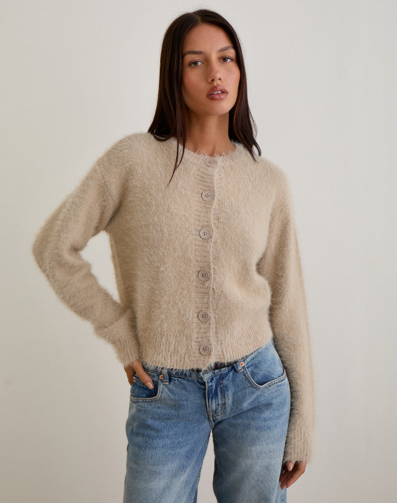 Beige Fluffy Knit Cardigan | Audrina – motelrocks.com