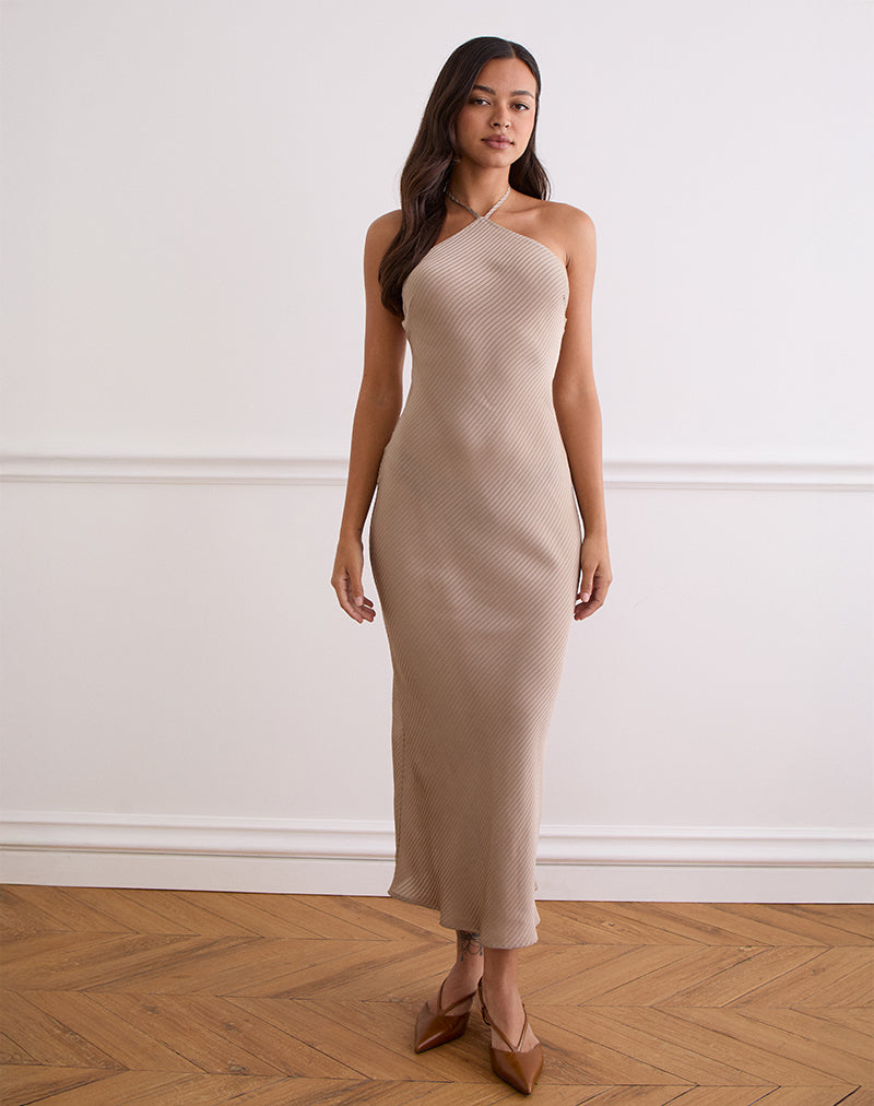 Taupe Satin Stripe Maxi Dress