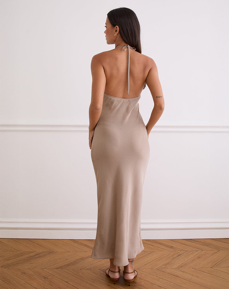 taupe satin midi dress Taupe Satin Stripe Maxi Dress