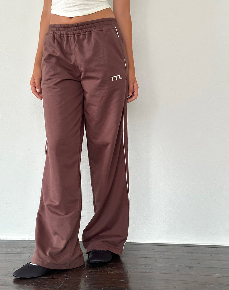 Image of Benton Wide Leg Jogger in Mahogany with Ivory Piping and M Embroidery
