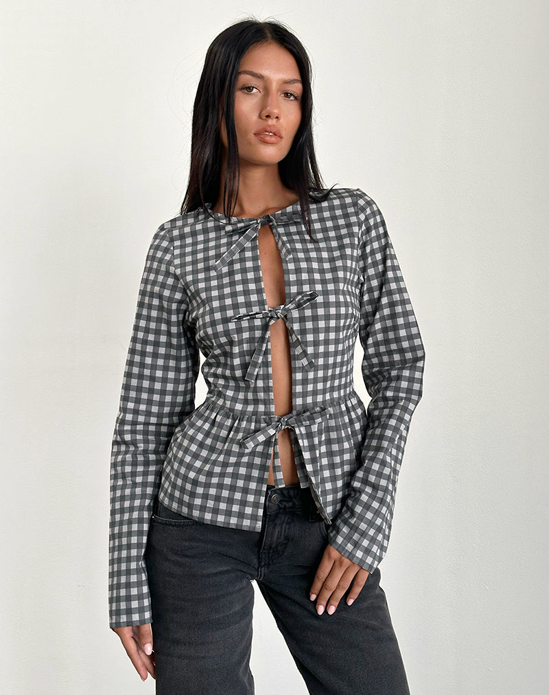 Black and Grey Gingham Long Sleeve Tie Top Bertaria – - Main Image