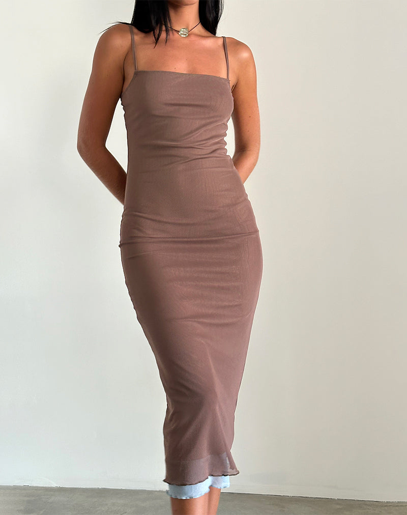 Brown and Light Blue Mesh Midi Dress