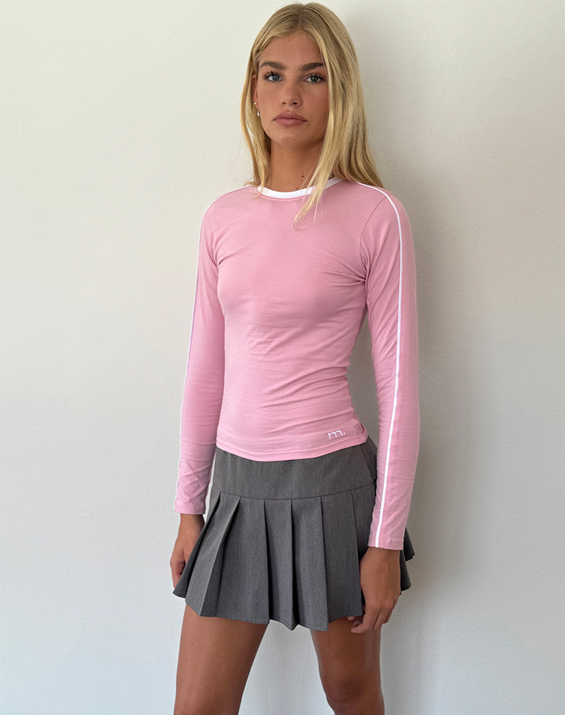 Bonija Long Sleeve Top in Flamingo Pink with White Piping and M Embroidery