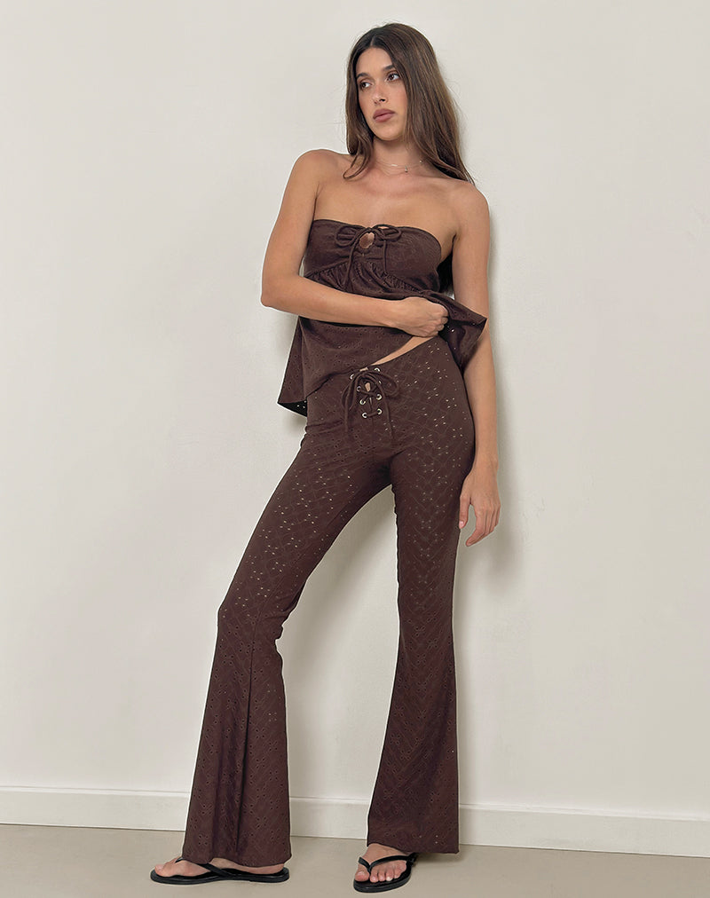 パンツ juemi Flocky Tulle Flare Pants brown Brown Broderie Tie-Up Front Flared Trousers | Dan – motelrocks.com