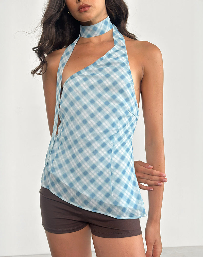 Blue Blurred Check Print Neck Tie Halter Top | Briva – motelrocks.com