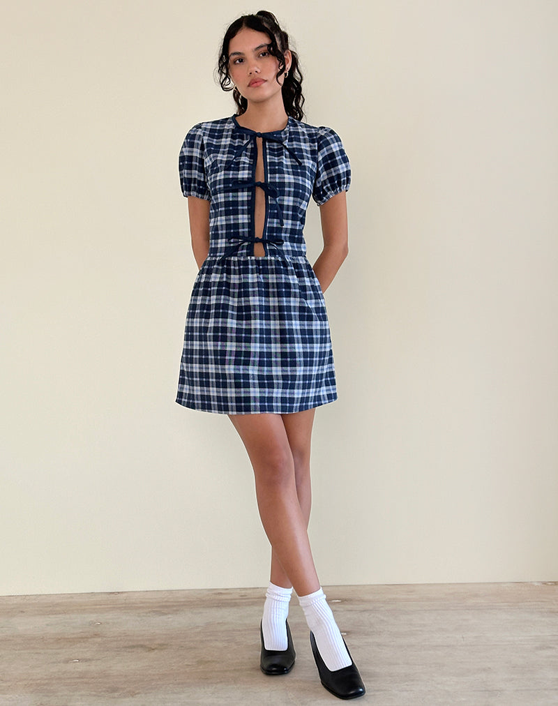 Byan Tie Front Dress in Tartan Dark Blue Byan Tie Front Dress in Tartan Dark Blue