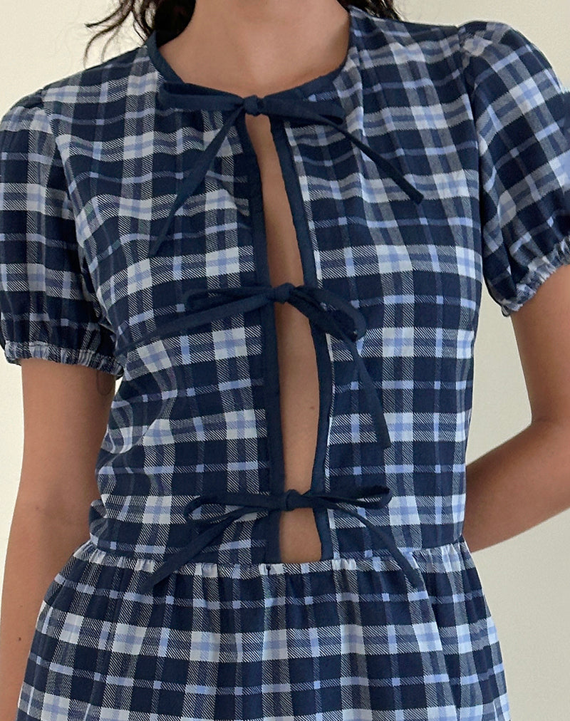 blue floral sleeve dress Dark Blue Tartan Tie Front Dress