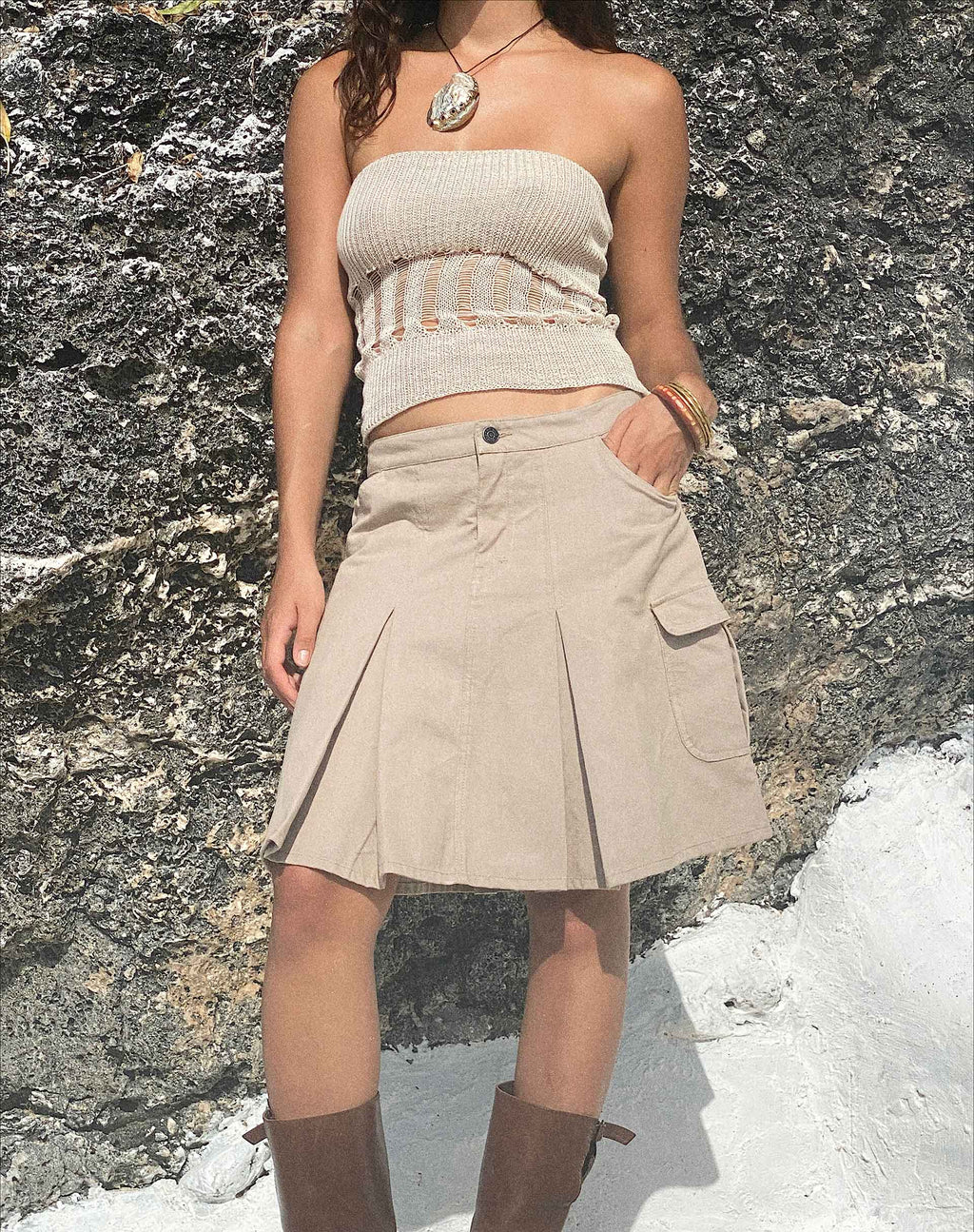 Moirai Low Waist Pleated Cargo Mini Skirt in Stone