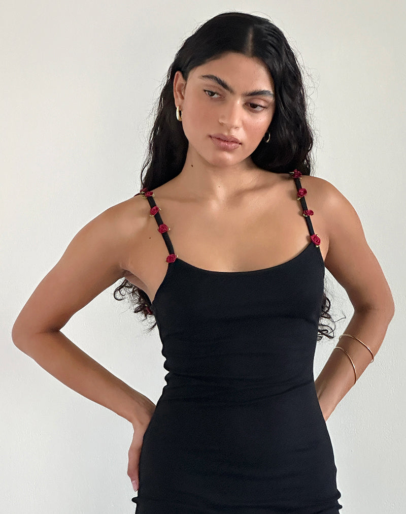 Black Maxi Dress with Red Rosette