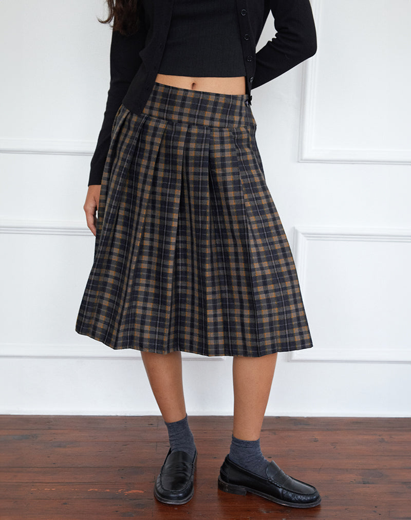 Navy and Mustard Check Pleated Midi Skirt | Catelyn – motelrocks.com