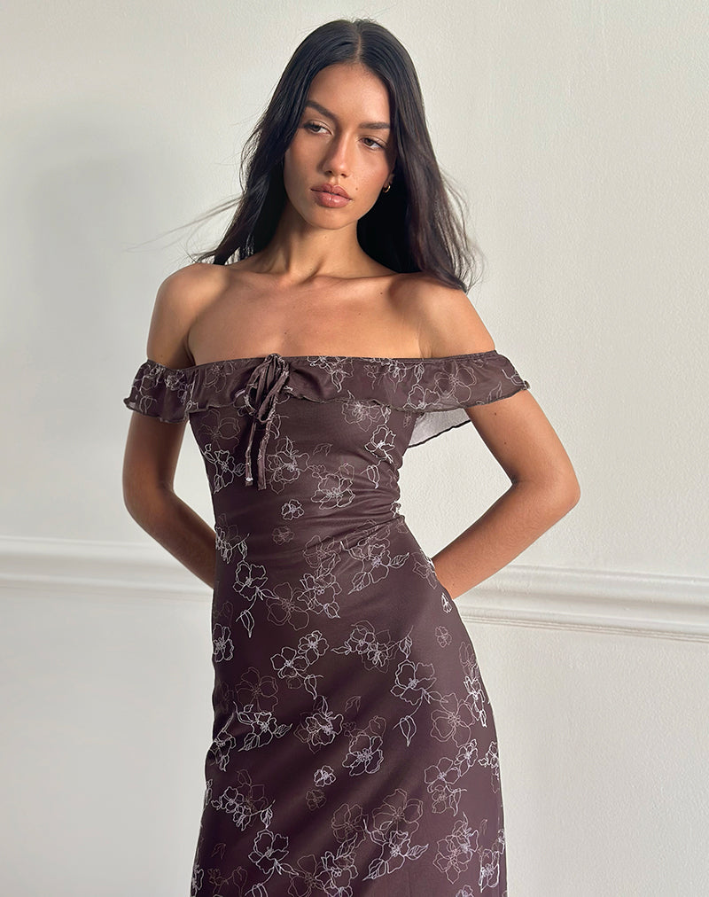 Brown Doodle Flower Flock Print Midi Dress