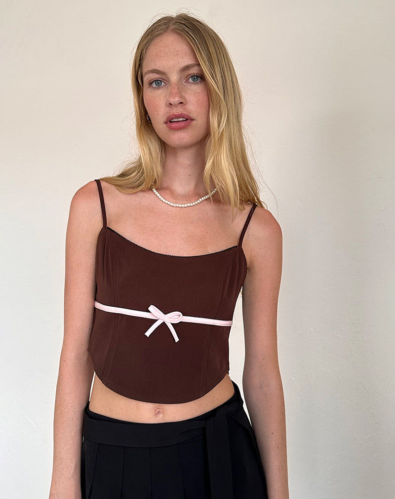 Image of Ceisya Corset Top in Bitter Chocolate with Pink Bow