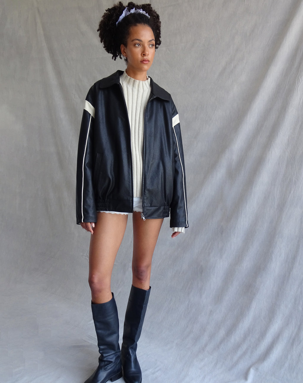 Corvina PU Jacket in Black with Ivory