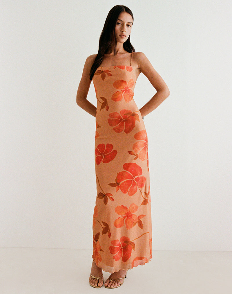 Orange Watercolour Hibiscus Mesh Maxi Dress | Dalesio  motelrocks.com
