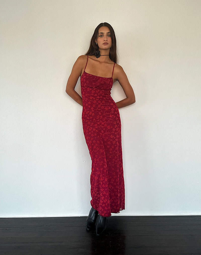 Red Grunge Floral Flock Cami Maxi Dress