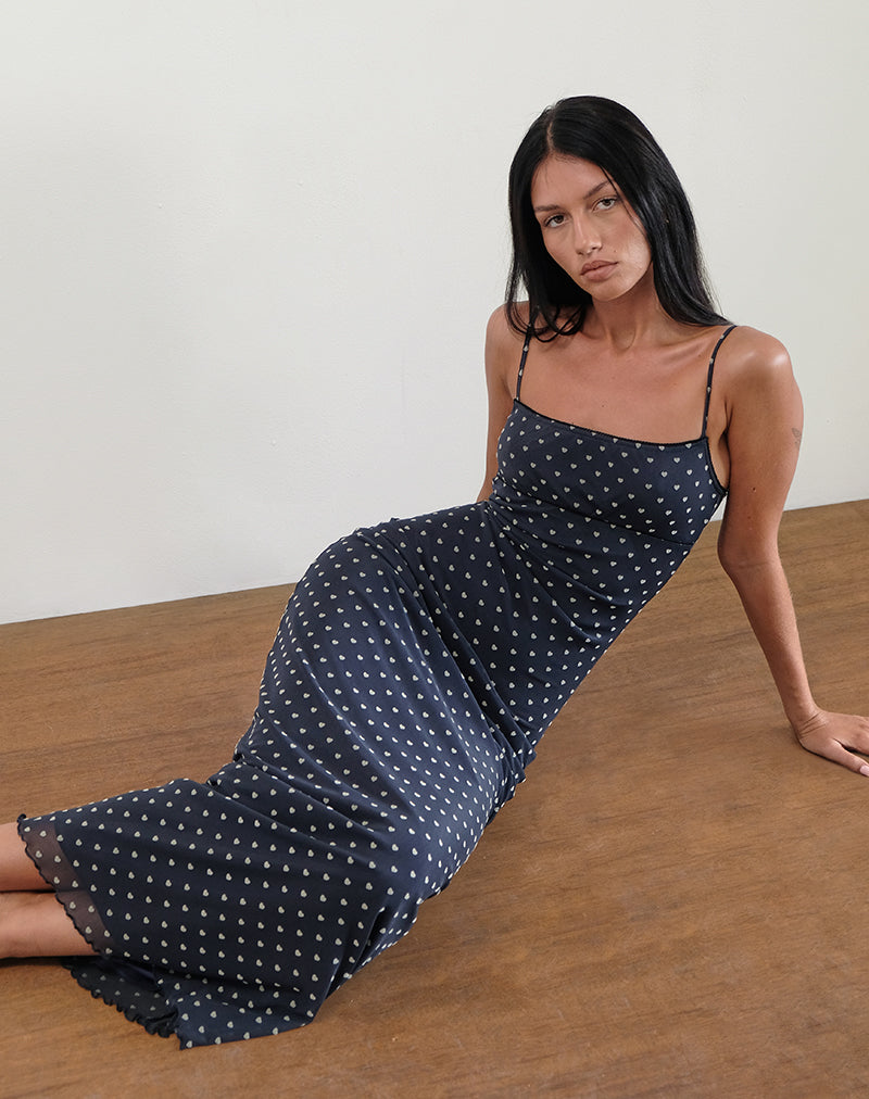 darsy maxi dress blue multi Navy and Yellow Heart Flock Maxi Dress
