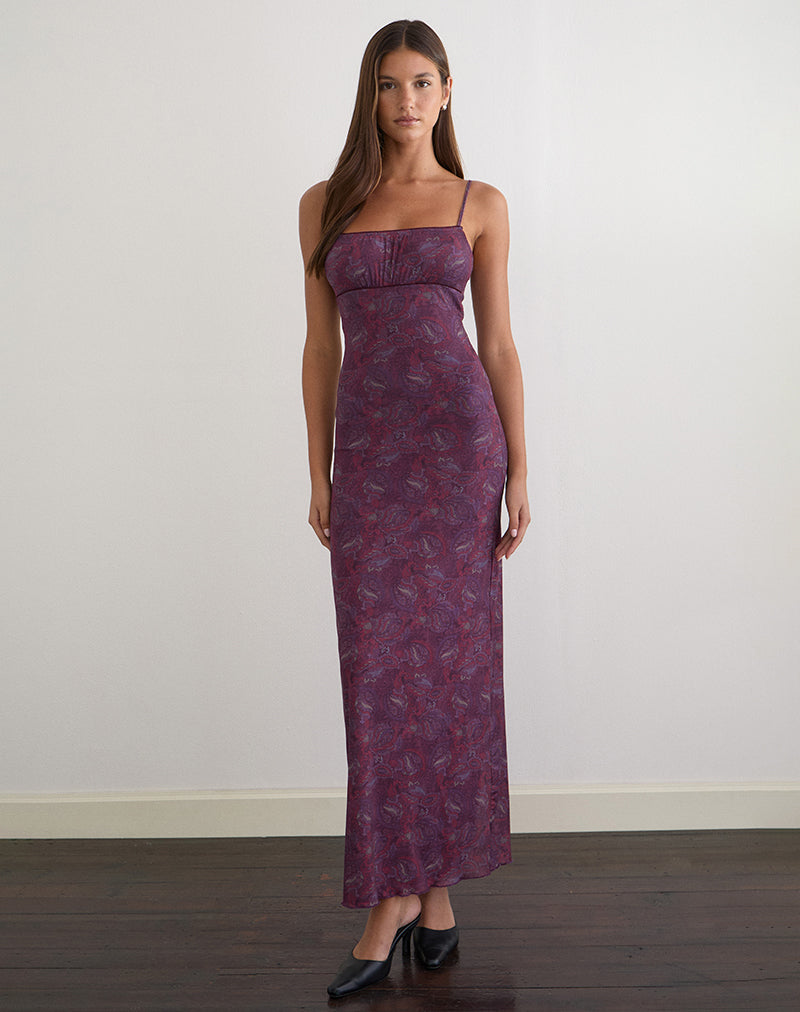 strapless open back dress Purple Paisley Maxi Dress