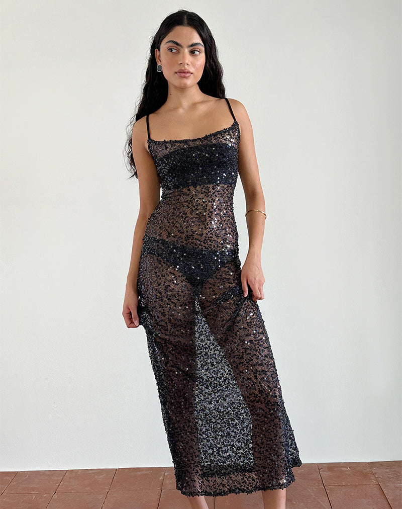 Black Mesh Sequin Maxi Dress Darsih –