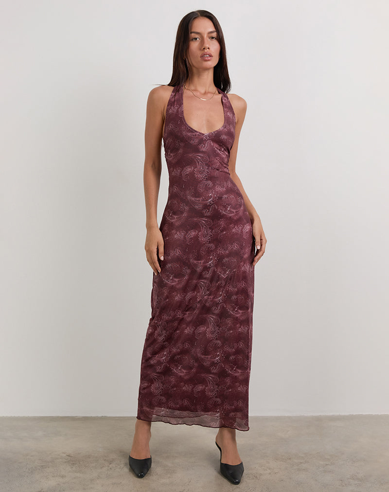 paisley pattern mesh maxi dress Datari Maxi Dress in Mesh Tonal Paisley Plum