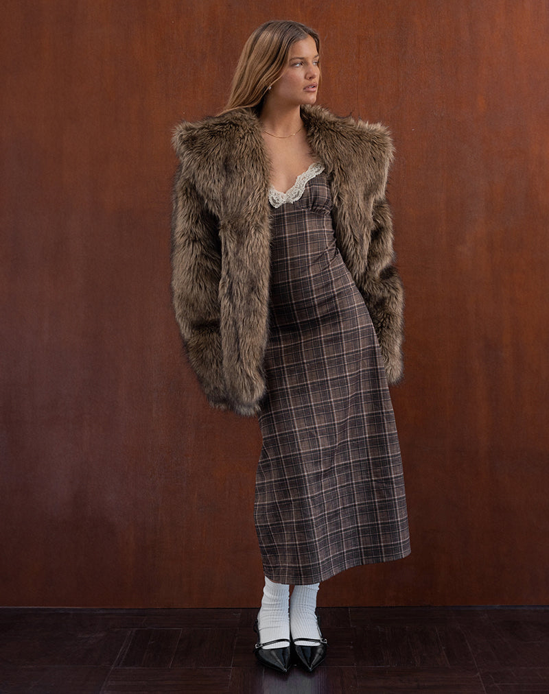 Brown Check Lace Midi Dress