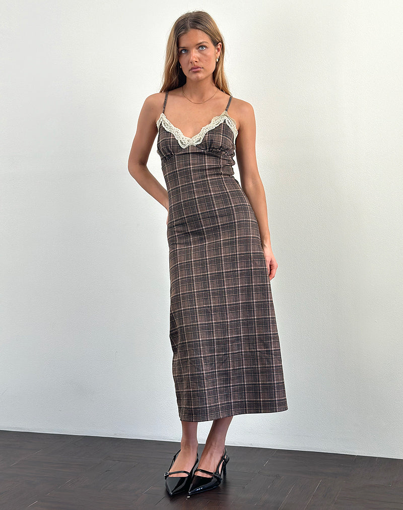 Delfina Midi Dress in Lace Brown Check Delfina Midi Dress in Lace Brown Check
