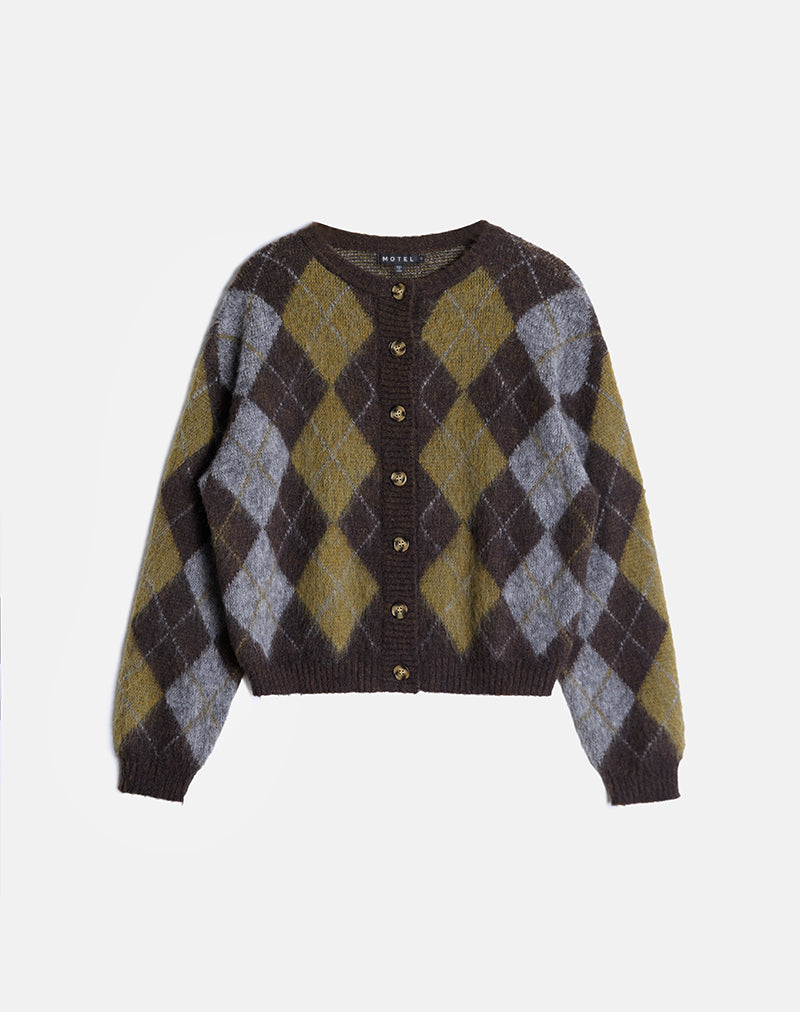 Brown Argyle Slouchy Knit Cardigan | Eliana – motelrocks.com