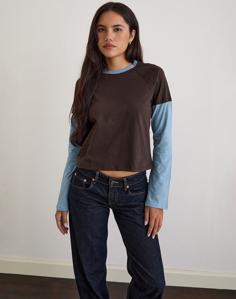 Brown and Blue Double Layered Short and Long Sleeve T-shirt | Enid