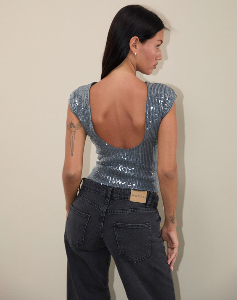 Charcoal Grey Shimmer Sequin Low Back Top Erika –