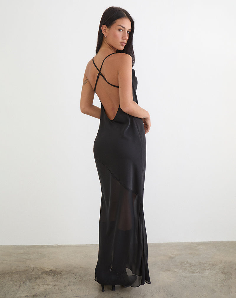 Black Satin Chiffon Cowl Open Back Slip Maxi Dress | Eshara motelrocks.com Black Satin Chiffon Cowl Open Back Slip Maxi Dress | Eshara motelrocks.com