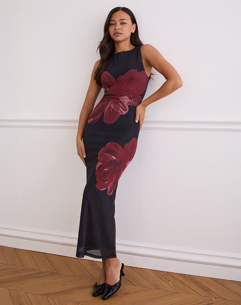 motel fayola mesh midi dress Fayola Maxi Dress In Black with Burgundy Watercolour Flower