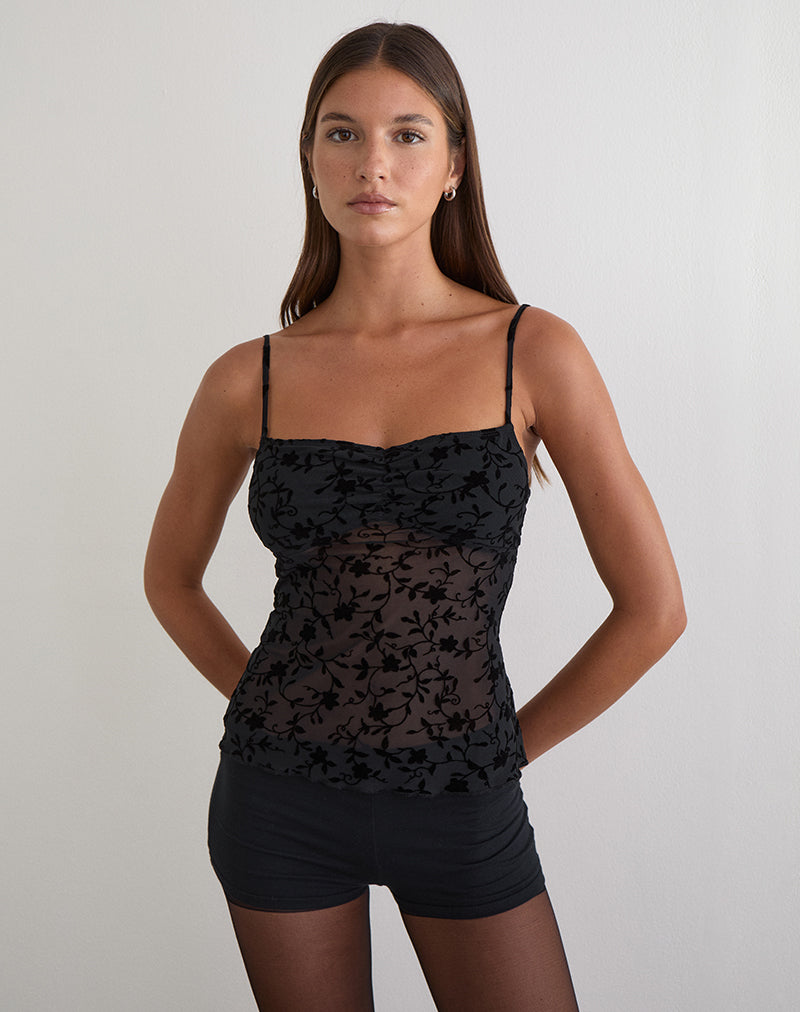 Black Petal Flock Ruched Cami Top | Fierza – motelrocks.com Black Petal Flock Ruched Cami Top | Fierza – motelrocks.com