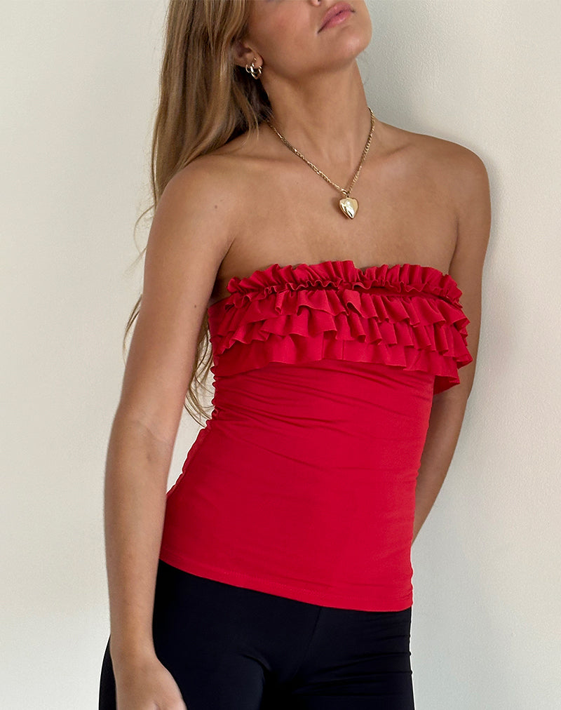 Image of Fortuna Ruffle Bandeau Top in Slinky Red