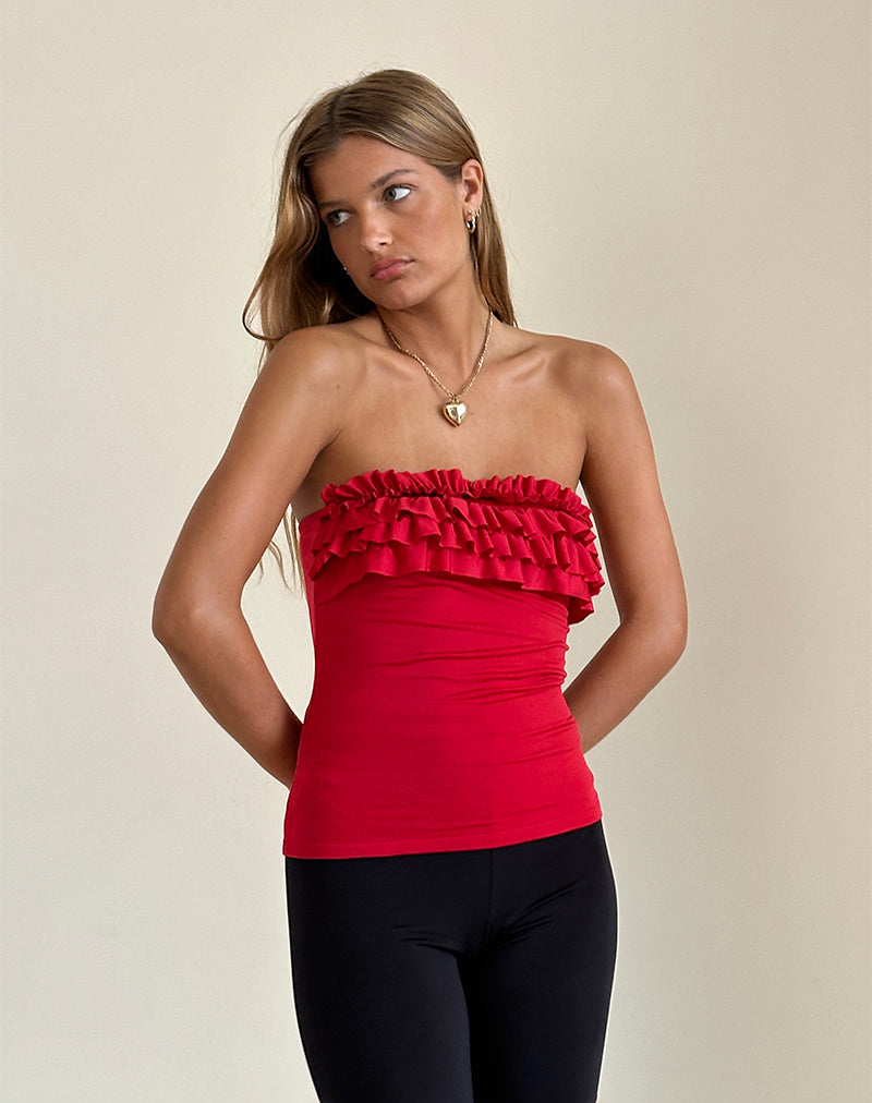 Image of Fortuna Ruffle Bandeau Top in Slinky Red