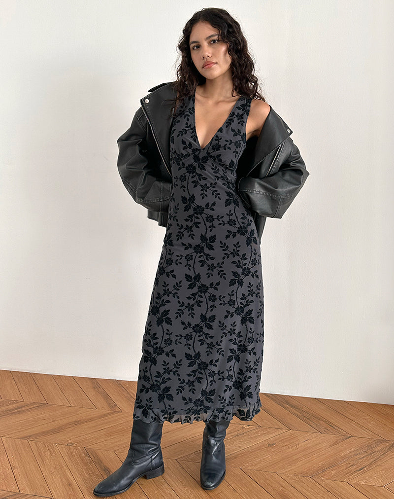 motel gabriela midi dress Gabriela Midi Dress in Vine Flocked Floral Ocean Storm
