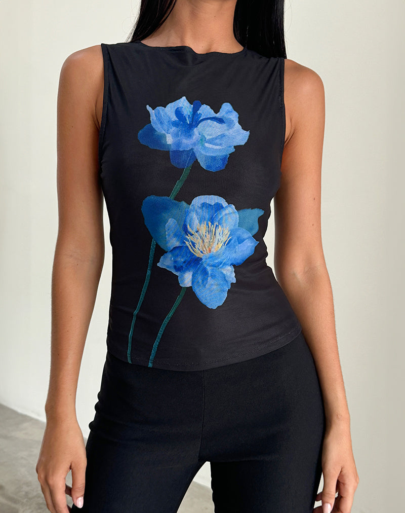 Black Mesh Top with Blue Watercolour Flower | Hala – motelrocks.com