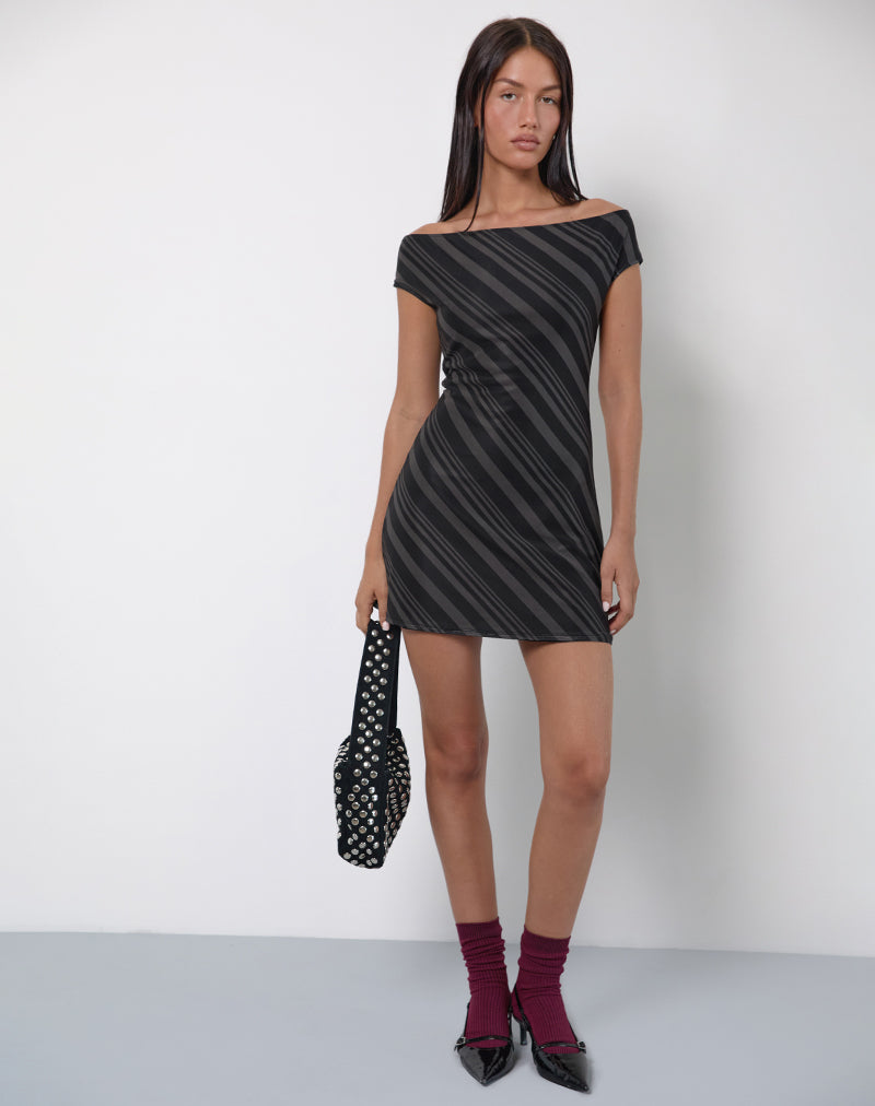 black mixed stripes short sleeve mini dress Mixed Stripes Short-Sleeve Bow Mini Dress