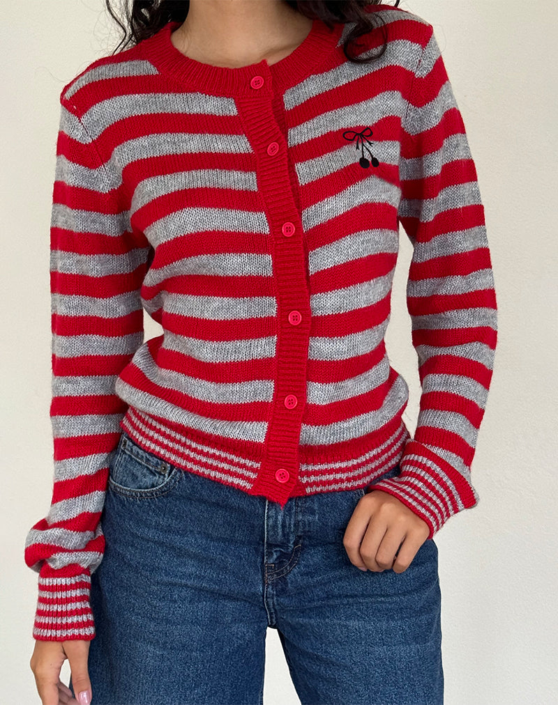 Image of Henidar Cardigan in Red and Grey Stripe with Cherry Emb