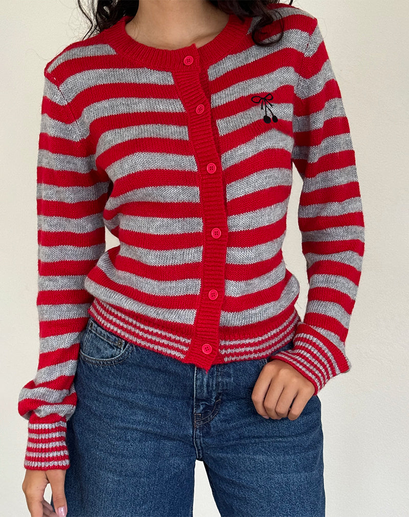 Red and Grey Stripe with Cherry Emb Cardigan Henidar