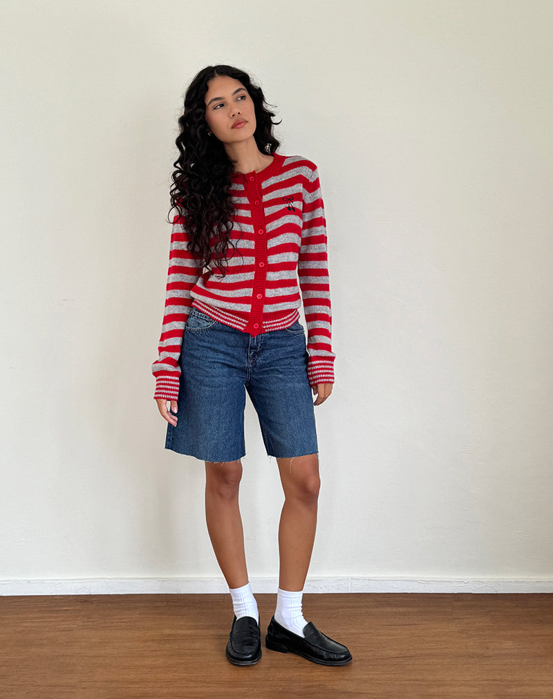 Image of Henidar Cardigan in Red and Grey Stripe with Cherry Emb