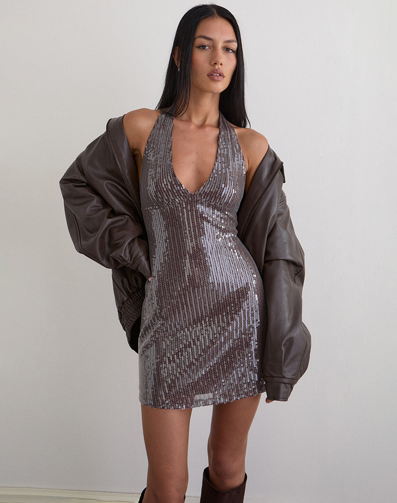 Brown Clear Tinted Sequin Halter Dress