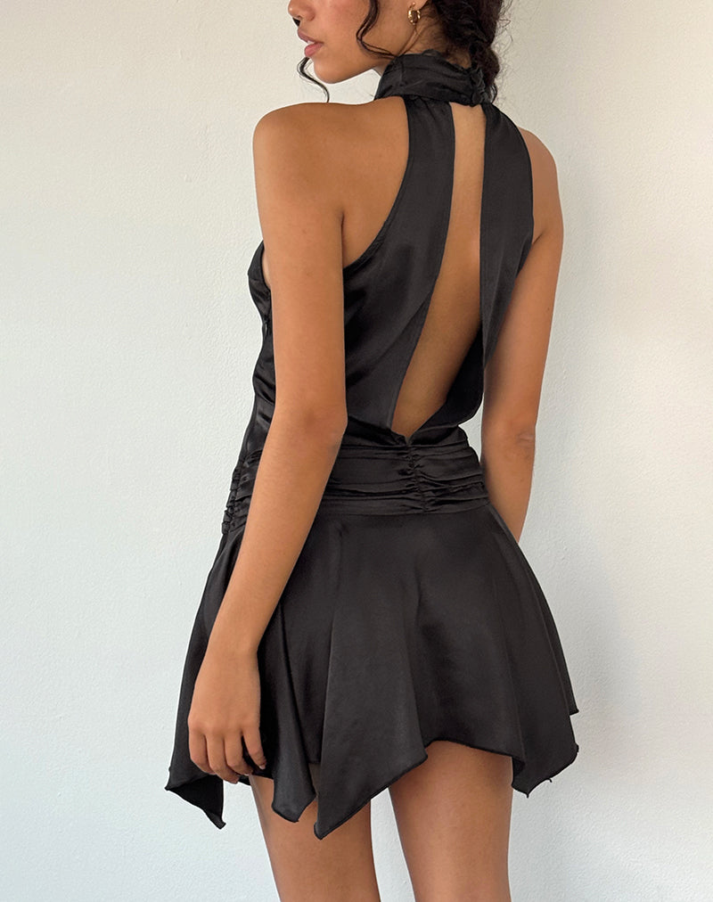 Black Satin Halterneck Mini Dress Hydri –